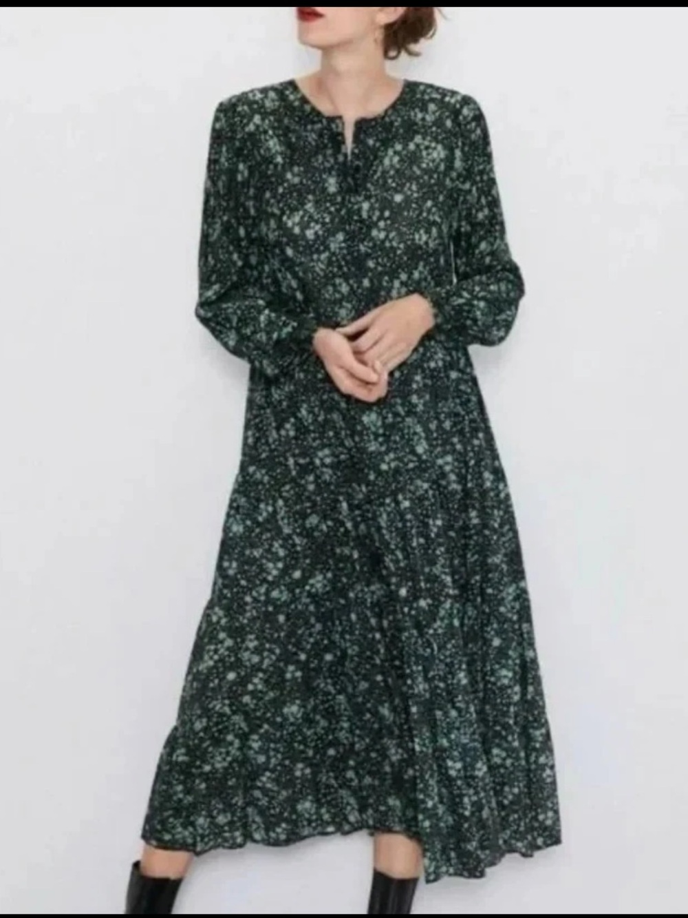Zara Green Floral Long Sleeve Dress, M
